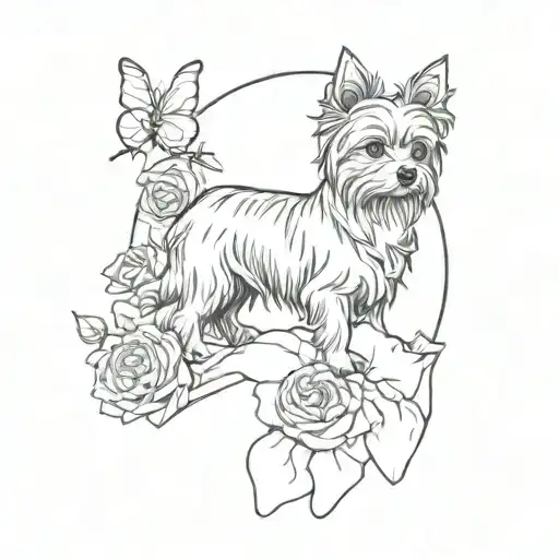 A Sketch Style Tattoo Of A Yorkie Dog Sitting On A Mountain Peak Surrounded By Roses And Butterflies