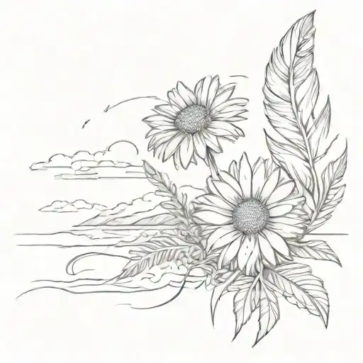 Daisy Flower With Feathers On A Beach Landscape