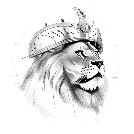 A Detailed Sketch Of A Lion Wearing A Gladiator Helmet