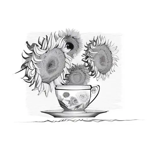 A Coffee Cup With Van Gogh's Sunflowers As Its Pattern In Sketch Style