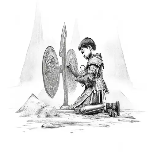 Boy Praying On His Knees While Guardian Warrior Angles Overlook