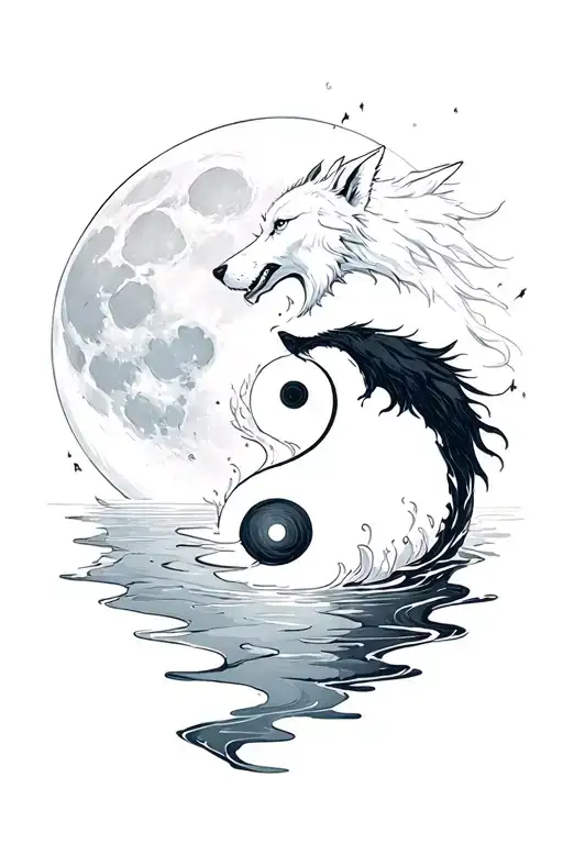 Ying Yang Light And Dark Wolves Flowing Water Howling At The Moon