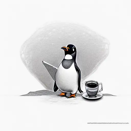 Chilly Willy Penguin With Laptop And Cup Of Coffee