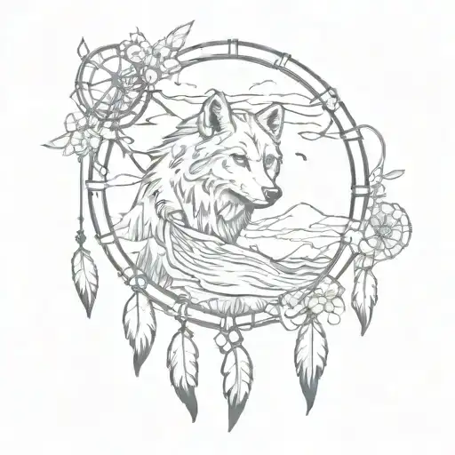 Dream Catcher With Waterfall And Wolve Yin