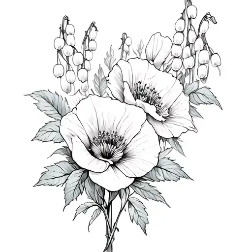 Roses Poppies And Lily Of The Valley Flowers Fine Line