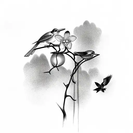 Orchid With 2 Birds Sitting On Branch And1 Bird Flying Away