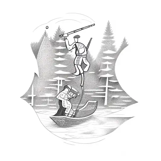 A Dotwork Tattoo Of A Mechanical Fisherman Repairing A Fishing Rod Amidst A Dense Forest