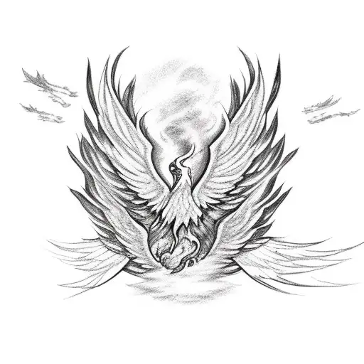 Strong But Delicate Stenciled Phoenix With Open Wings And Fire Originating From Its Tail
