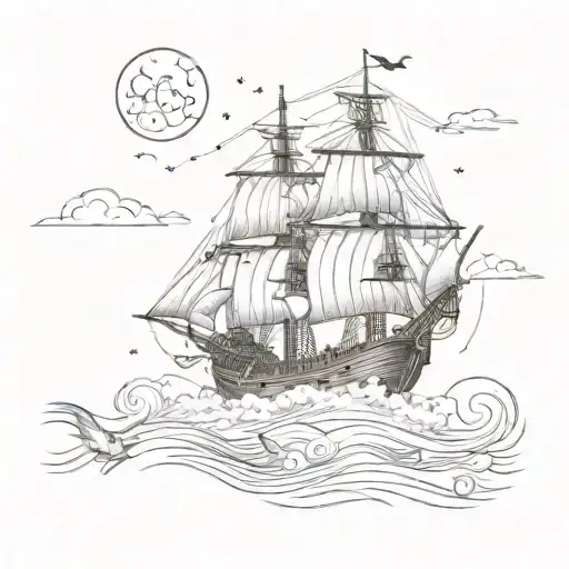 Pirate Ship With The Sky Above And Birds