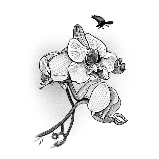 Orchid With 2 Birds And 3Rd Bird Flying Away