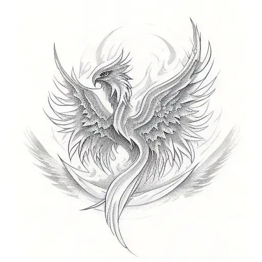Delicate Stenciled Phoenix With Open Wings And Fire Originating From Its Tail