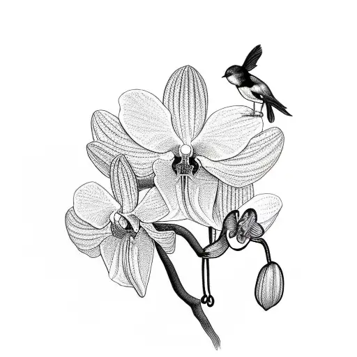 Orchid With 2 Birds Sitting On Branch And 3Rd Bird Flying Away