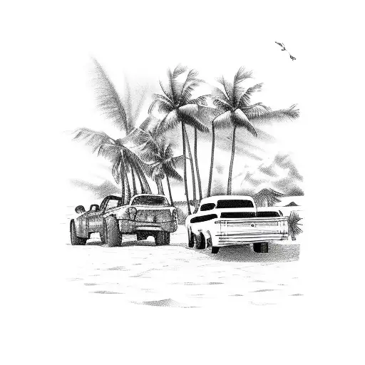 A Beach Scene With Palm Trees And A Truck Parked Nearby