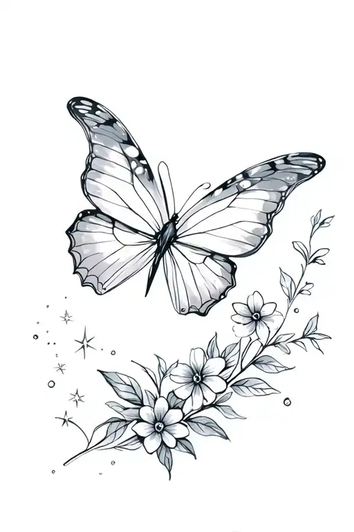 Butterfly Flying With Sparkles And Little Flowers