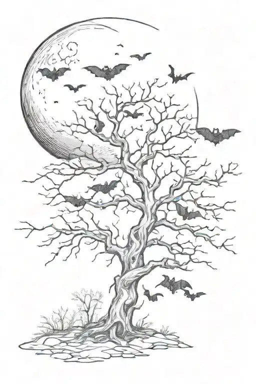 A Poison Tree With No Leaves With The Moon Over The Tree With Lots Of Bats