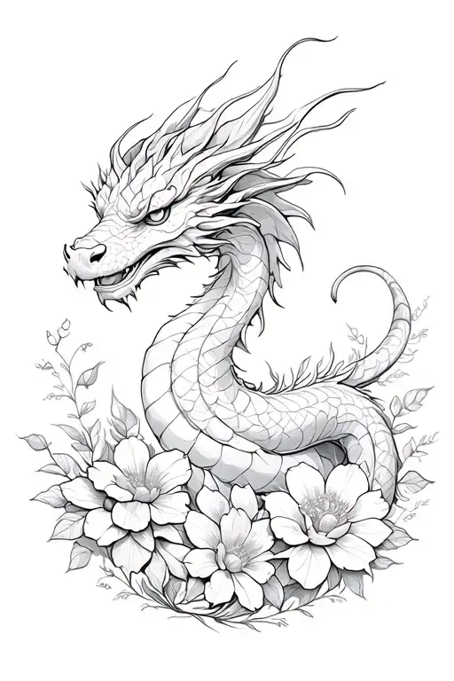 Minimalistic Feminine Dragon Intertwined In Flowers Growing