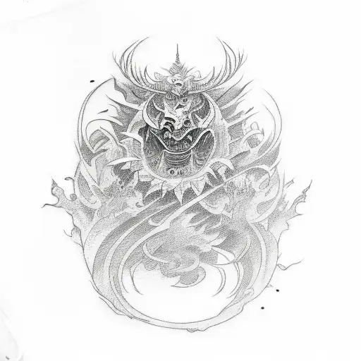 A Sketch-style Tattoo Design Depicting A Fusion Of Chinese And Japanese Horror Elements