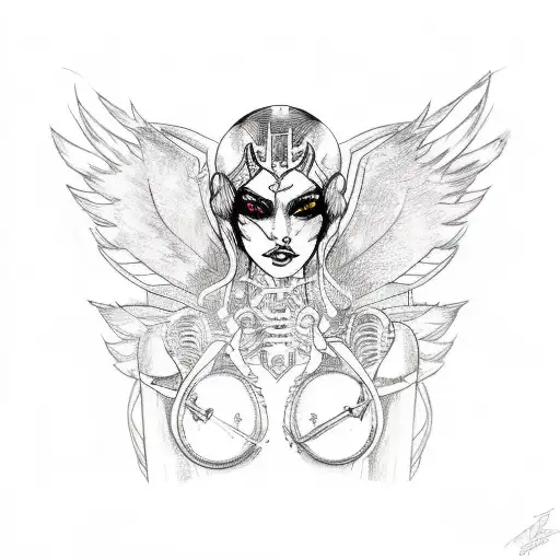 A Sketch-style Tattoo Of A Demon Robot Hooker With Wings Surrounded By Fire