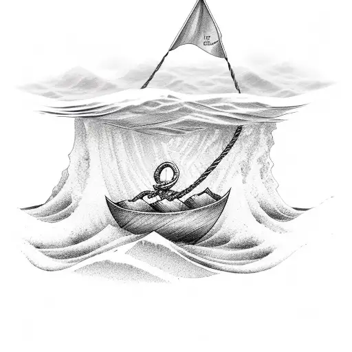 Paper Boat Over Some Waves With A Rope And Anchor