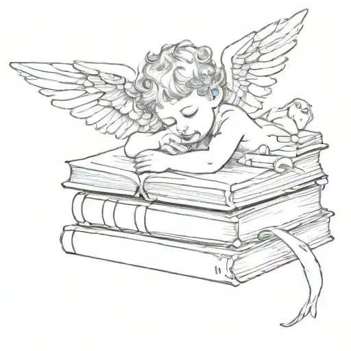 Fine Line Tattoo Of A Baby Angel Peacefully Resting On Small Stack Of Books Make It Minimalistic