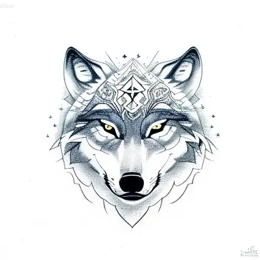 A Wolf Face With A Full Moon And Stars Incorporated Into The Design