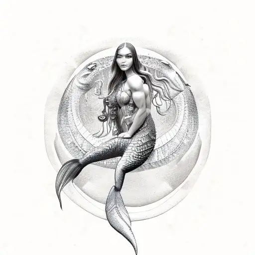 An Intricate Design Of A Muscular Mermaid With Fish Scales
