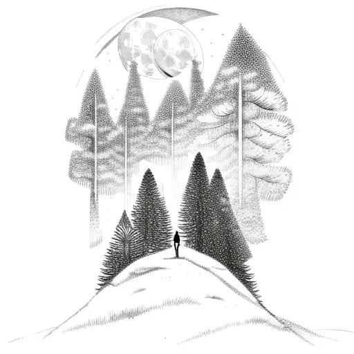 Lone Wolf With Moon And Trees In Background