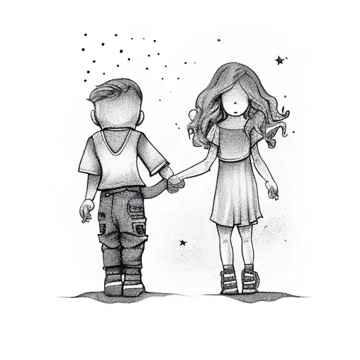 Little Boy And Girl Holding Hand Reaching For Stars