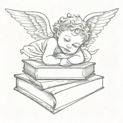 Fine Line Tattoo Of A Baby Angel Peacefully Resting On Small Stack Of Books Make It Minimalistic