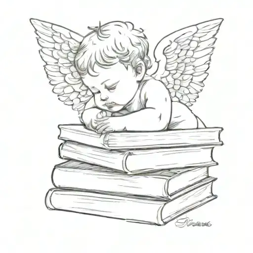 Fine Line Tattoo Of A Baby Angel Peacefully Resting On Small Stack Of Books Make It Minimalistic