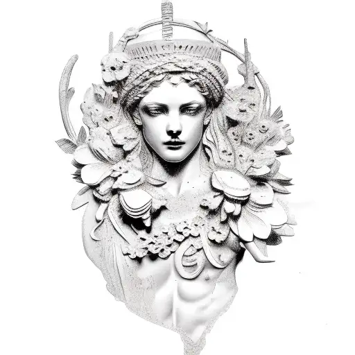 Broken Greek Goddess Sculpture With Flowers