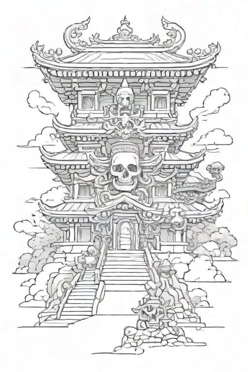 A Buddhist Temple On An Alien Head With Skull Warriors Running Away From It Towards Us