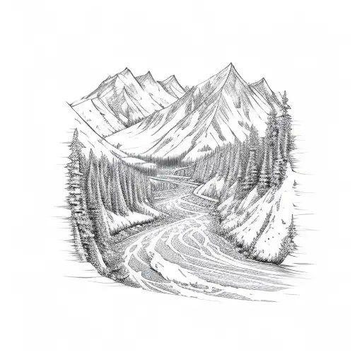 A Sketch Of A Mountain River Wave Flowing Through A Forest