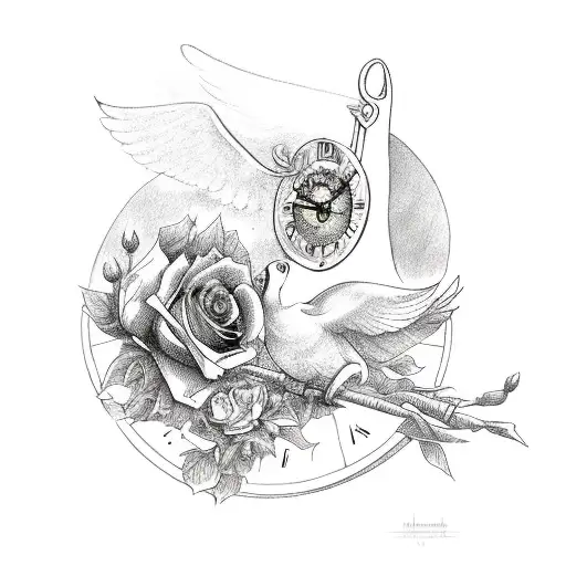 Dove With Grimreaper And Clock And Roses
