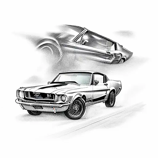 A Realistic Tattoo Of A 1967 Mustang Speeding Down A Winding Road