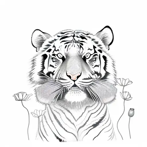 Full Body Tiger Walking Towards You Surrounded By Poppy Flowers And Larkspur Flowers