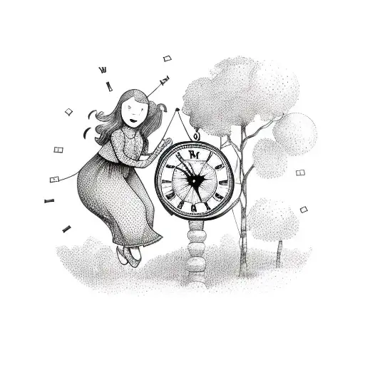 Girl Swinging On Tree Growing Through Clock