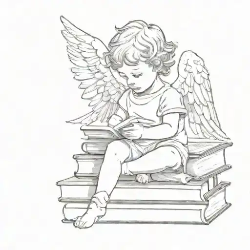Fine Line Tattoo Of A Baby Angel Peacefully Resting On Small Stack Of Books Make It Minimalistic