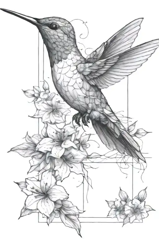 Humming Bird With Flowers Above And Below