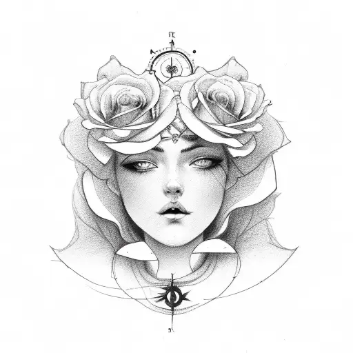 Beautiful Women Side Face Rose And Compass