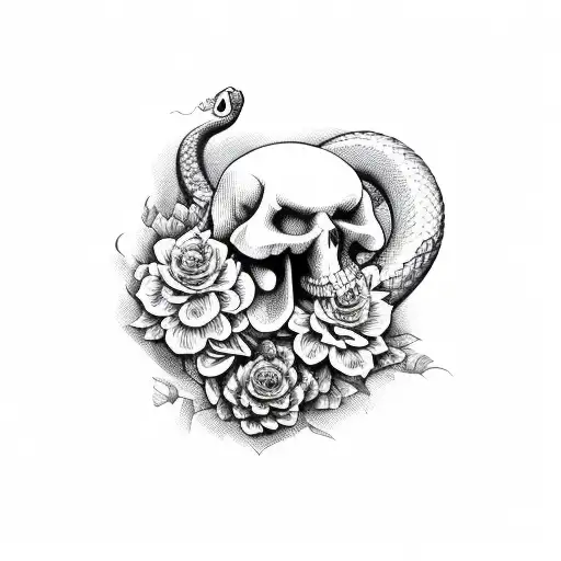 Snake With Skull And Flowers