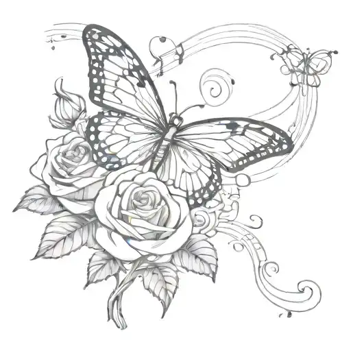 A Sketch Of A Butterfly Perched On A Rose With Music Notes Swirling Around Them