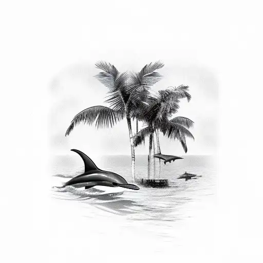 Dolphins With A Tall Palm Tree