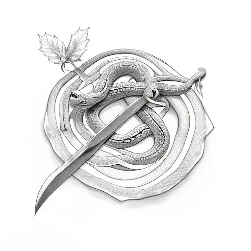 2 Snakes Wrapped Around A Sword With Leaves And Daisy's