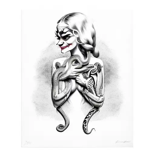 Woman Holding Snake In Fingers With The Snake Having Joker Paint On It