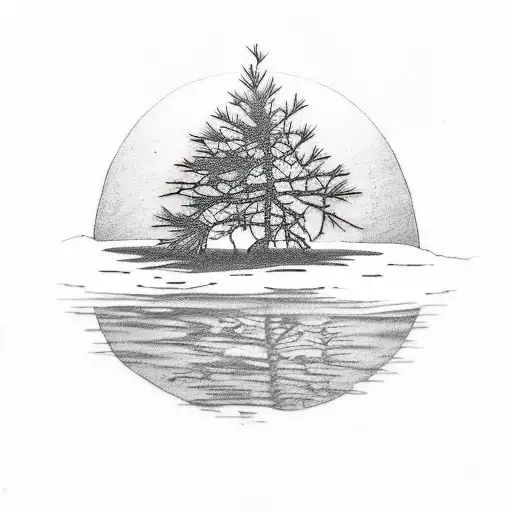 A Serene Blackwork Tattoo Of A Solitary Pine Tree Reflected In A Tranquil Mountain Lake