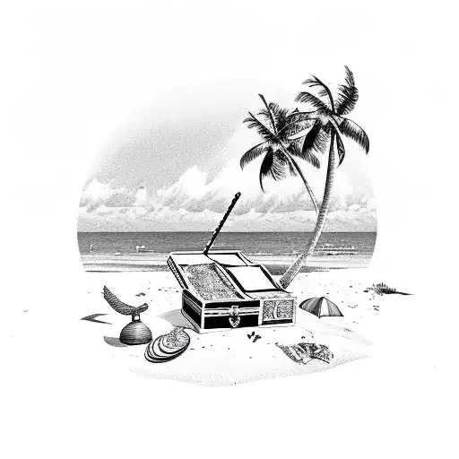A Beach Scene With Palm Trees And A Hidden Treasure Chest
