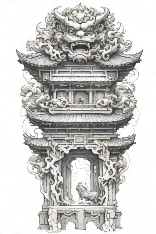Two Japanese Foo Dog Guarding A Temple Gate Bridge