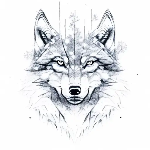 A Realistic Sketch Of A Wolf's Head Emerging From A Snowy Forest