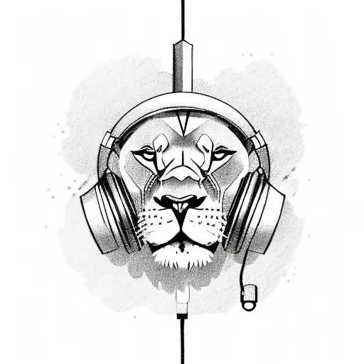 A Lion Wearing Headphones And Listening To Music In A Sketch Style
